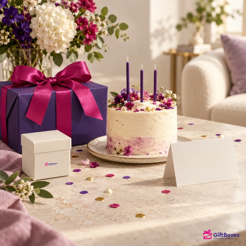 Candlelit celebration cake beside a purple wrapped gift, a small branded box and scattered confetti.