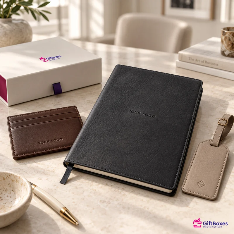 Logo pressed without ink into a black leather folio, a brown card holder and a leather luggage tag.