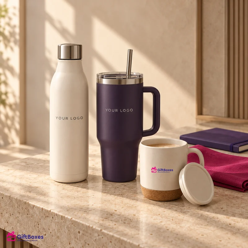 Cream vacuum bottle, aubergine travel tumbler with straw and a cork-based ceramic mug on a stone counter.