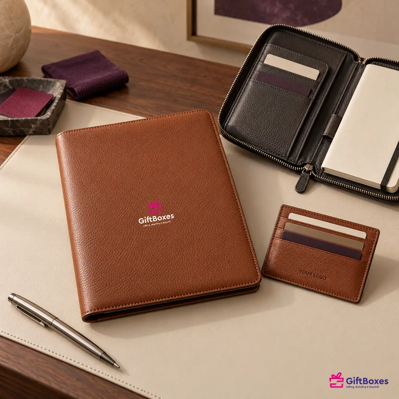 Tan leather folio, black zip travel wallet and a tan card holder on a desk mat with a metal pen.