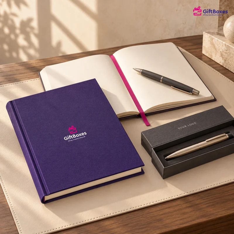 Purple cloth-bound notebook, an open notebook with a pink ribbon marker and a boxed metal pen on a leather desk mat.