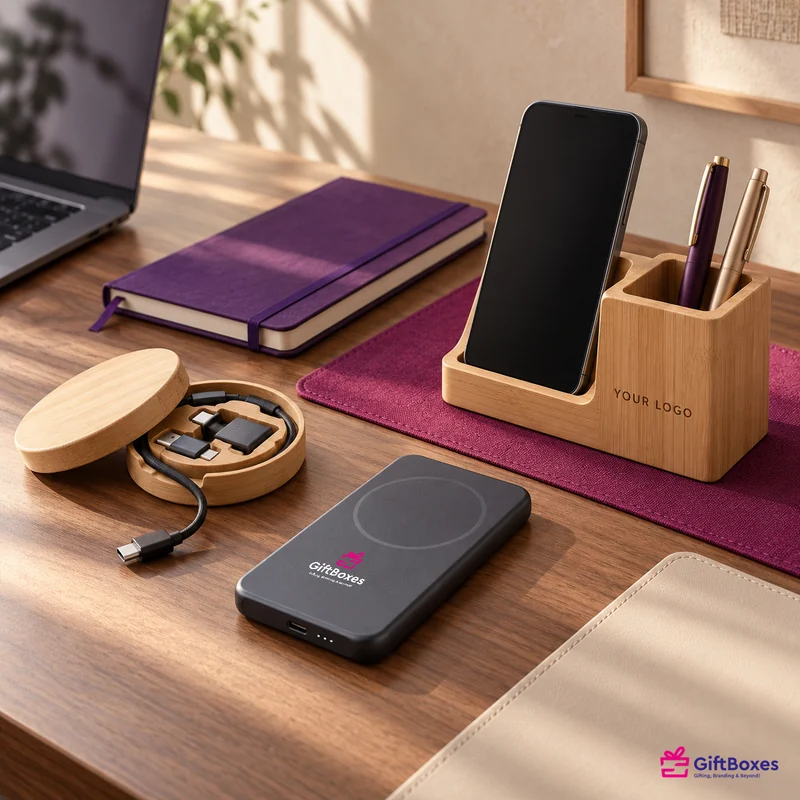 Bamboo phone stand and pen pot, bamboo cable organiser and a slim power bank on a walnut desk.