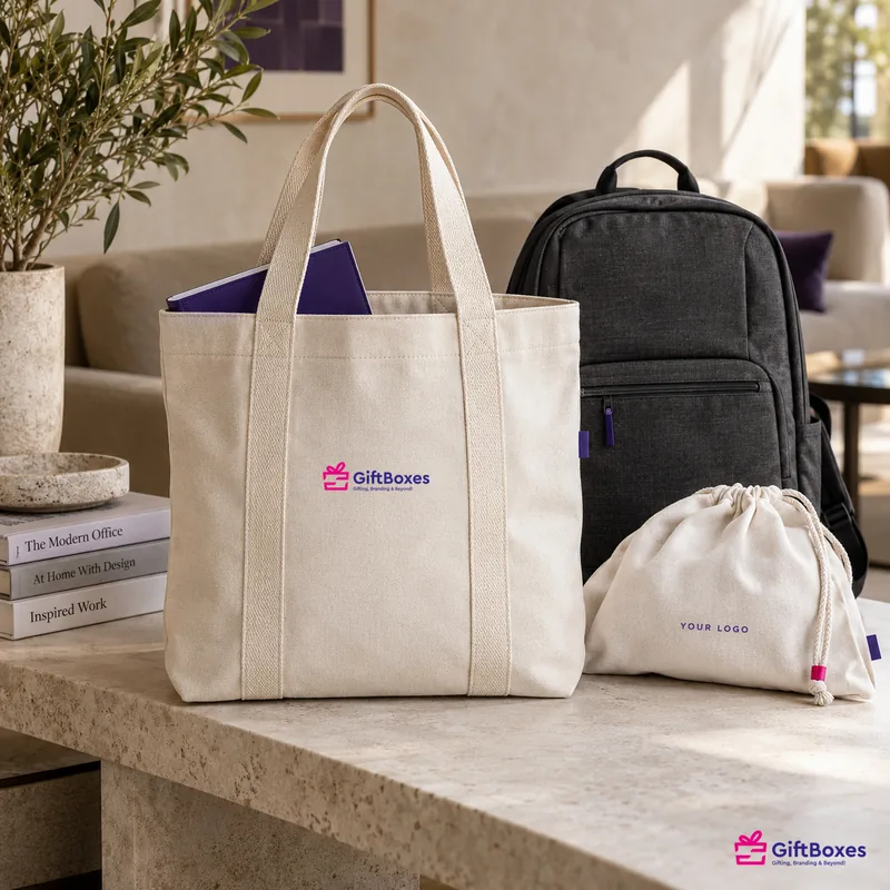 Natural canvas tote bag, a charcoal laptop backpack and a cotton drawstring pouch on a stone table.
