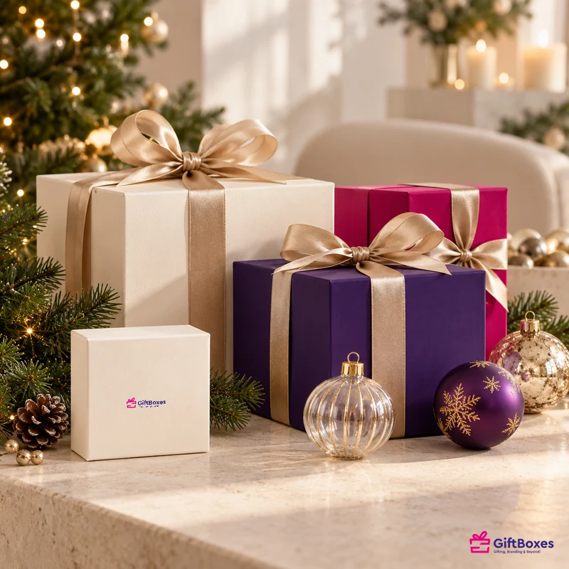 Cream, purple and magenta gift boxes with gold ribbon beside a lit tree and glass baubles.