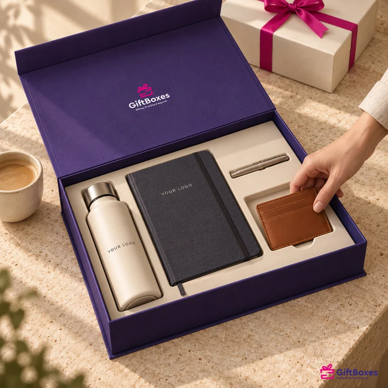 Hand lifting a tan card holder from a navy presentation box containing a bottle, notebook and pen.