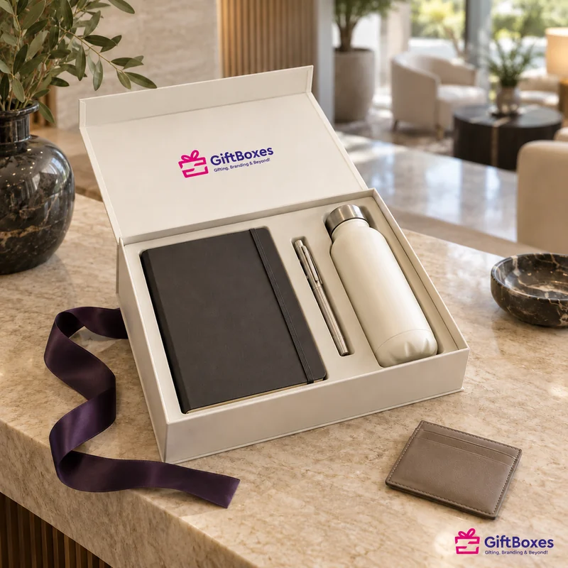 An open cream magnetic gift box holding a charcoal notebook, silver pen and steel bottle, with a leather card holder alongside.