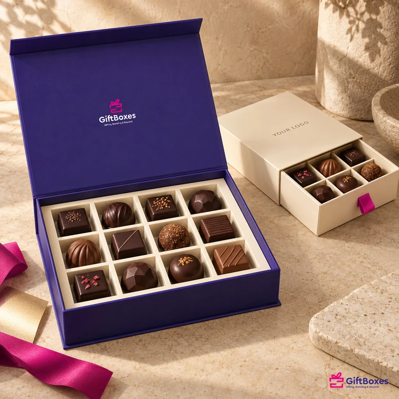 Navy magnetic box with a twelve-piece cavity insert shown filled, beside a cream drawer box with a six-piece insert.