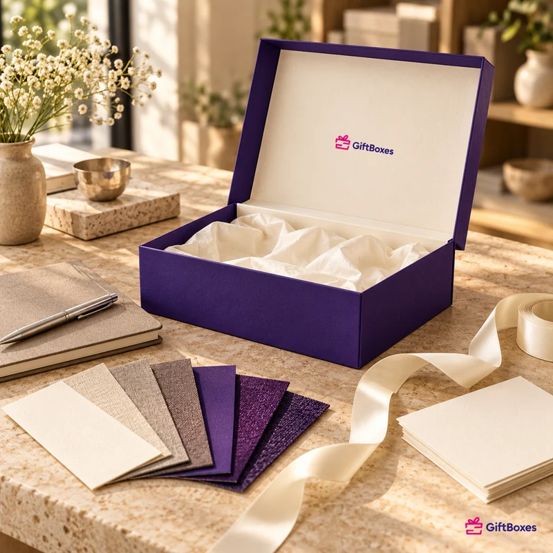 Fanned board and cloth swatches in cream, grey and purple beside an open lined magnetic gift box and ivory satin ribbon.