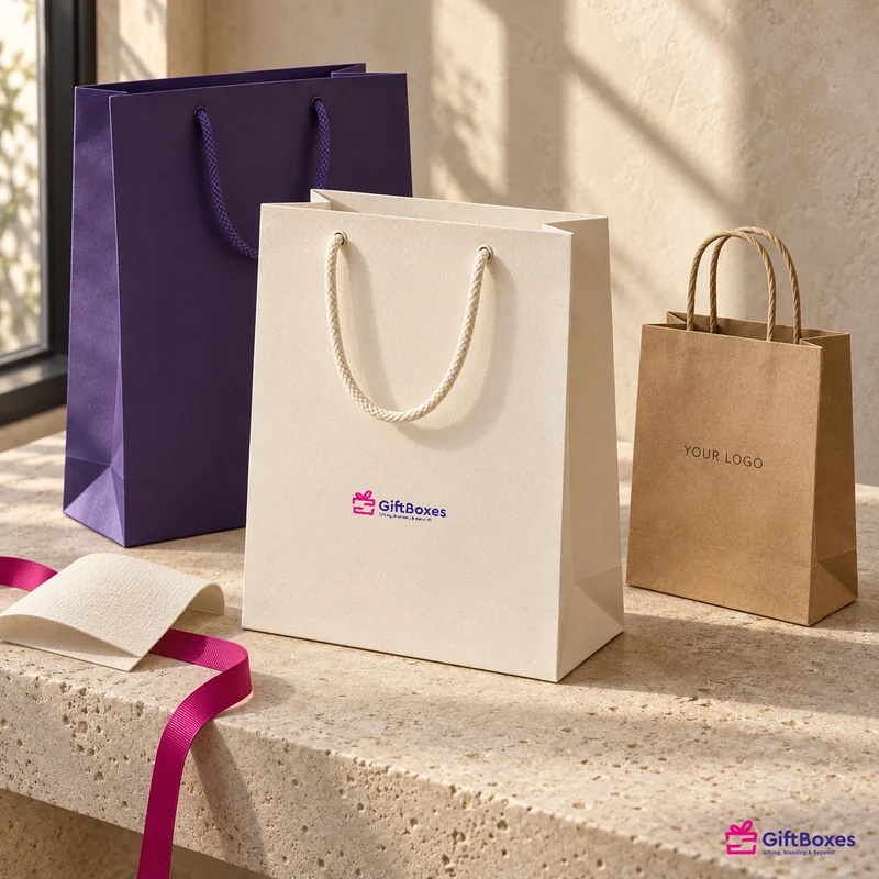 Purple, cream and kraft paper bags with rope handles on a travertine ledge.
