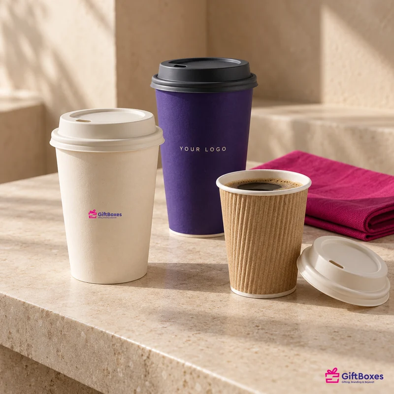 Cream single-wall, purple and kraft ripple paper cups with lids, one filled with coffee.