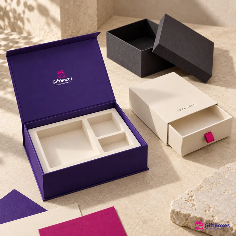 Purple magnetic box with a three-compartment foam insert, a cream drawer box with a pink pull tab and a grey lift-off box.