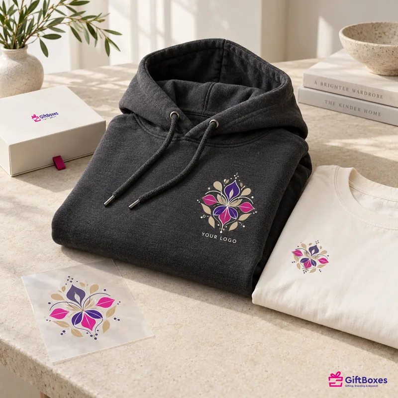 Multi-colour floral artwork on a charcoal hoodie and a cream t-shirt, with the transfer film beside them.