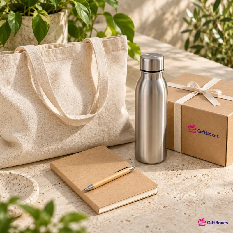 A natural cotton tote, stainless steel bottle, kraft notebook and bamboo pen beside a kraft gift box tied with cotton tape.