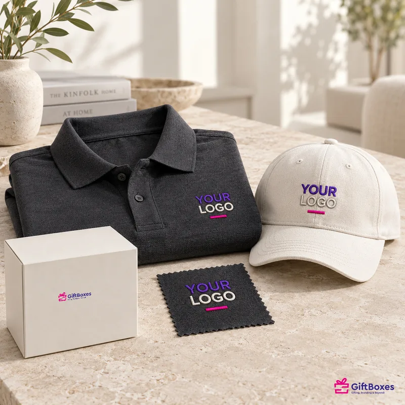 Stitched logo on a charcoal polo shirt, a cream cap and a fabric swatch.