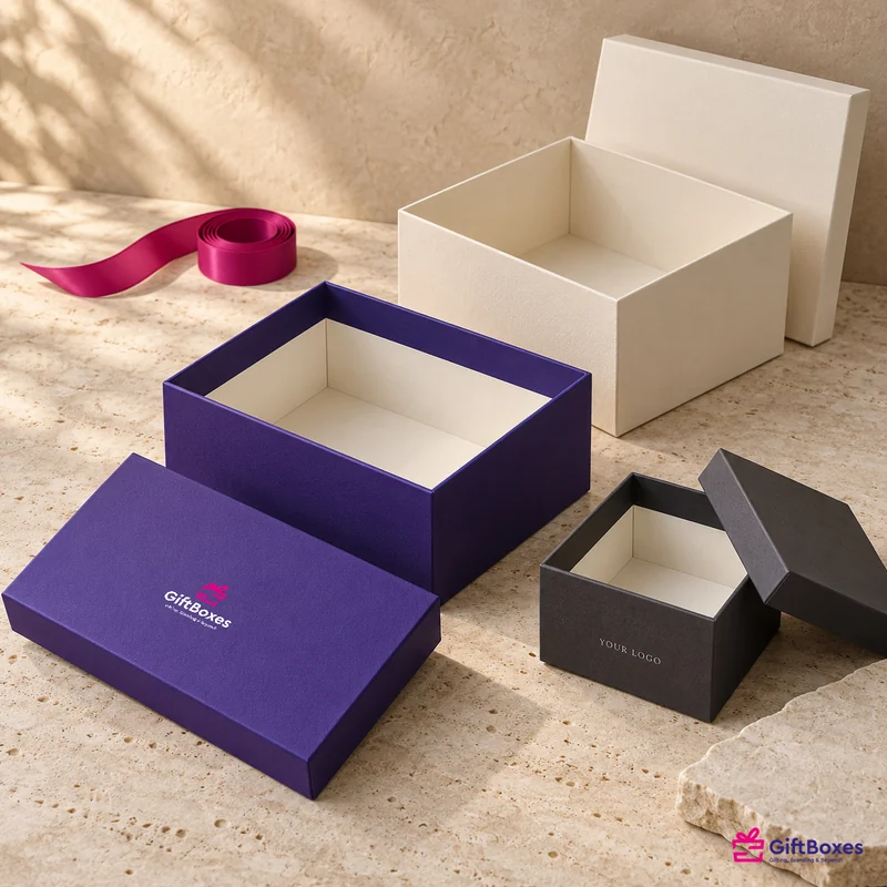 Three empty rigid boxes — purple, cream and grey — with lids off, beside a coil of pink ribbon.