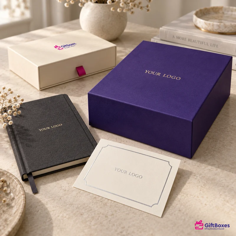 Gold foil on a purple rigid box and a black notebook, with a silver foil border on a cream card.