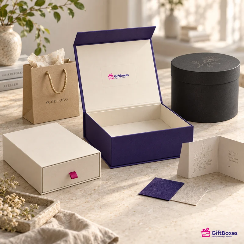 Kraft paper bag, purple magnetic box, round hat box and cream drawer box with board swatches.