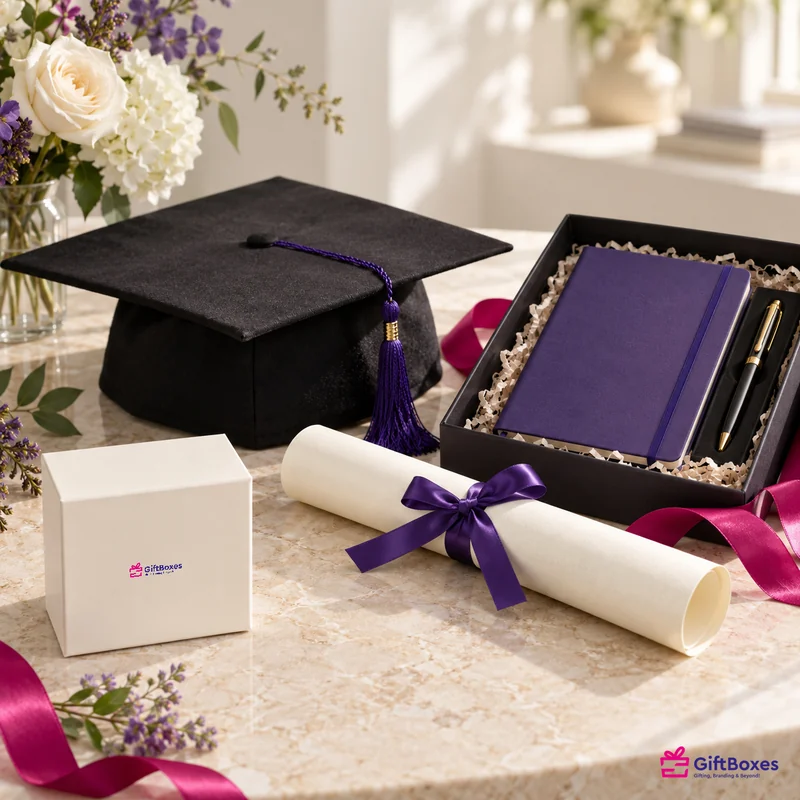 Graduation mortarboard and ribboned scroll beside a black presentation box holding a purple notebook and pen.