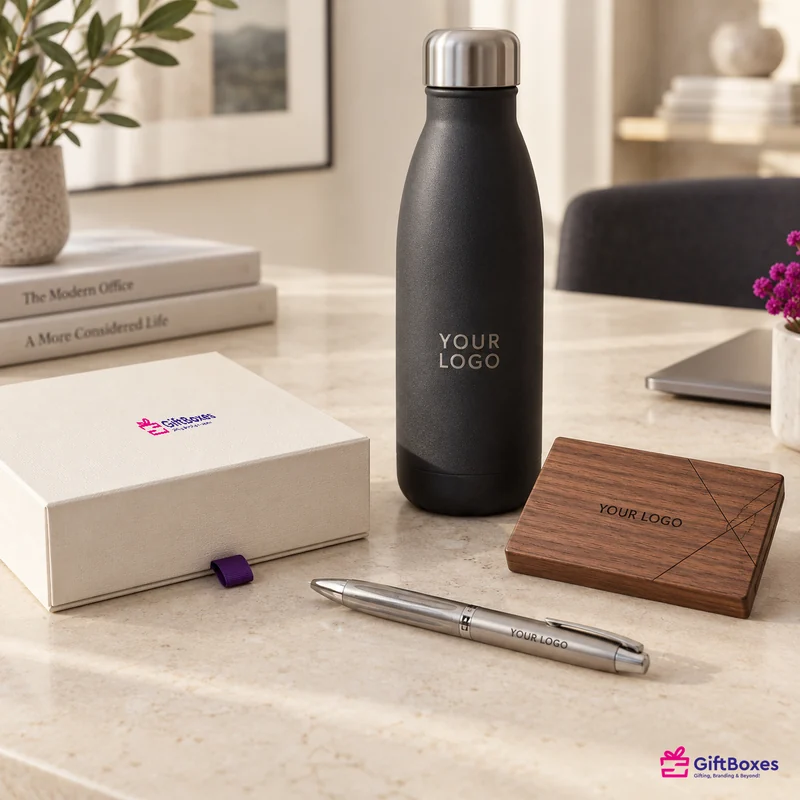 Engraved logo on a black steel bottle, a walnut card case and a metal pen barrel.