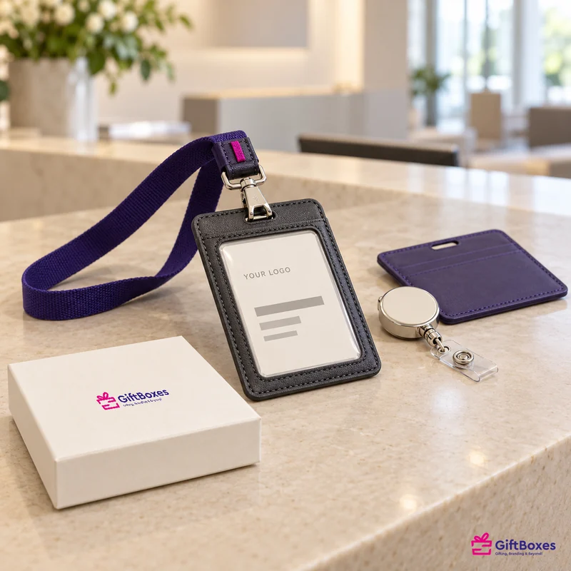 Black leather ID badge holder on a purple woven lanyard, with a retractable reel and a purple card holder on a reception counter.