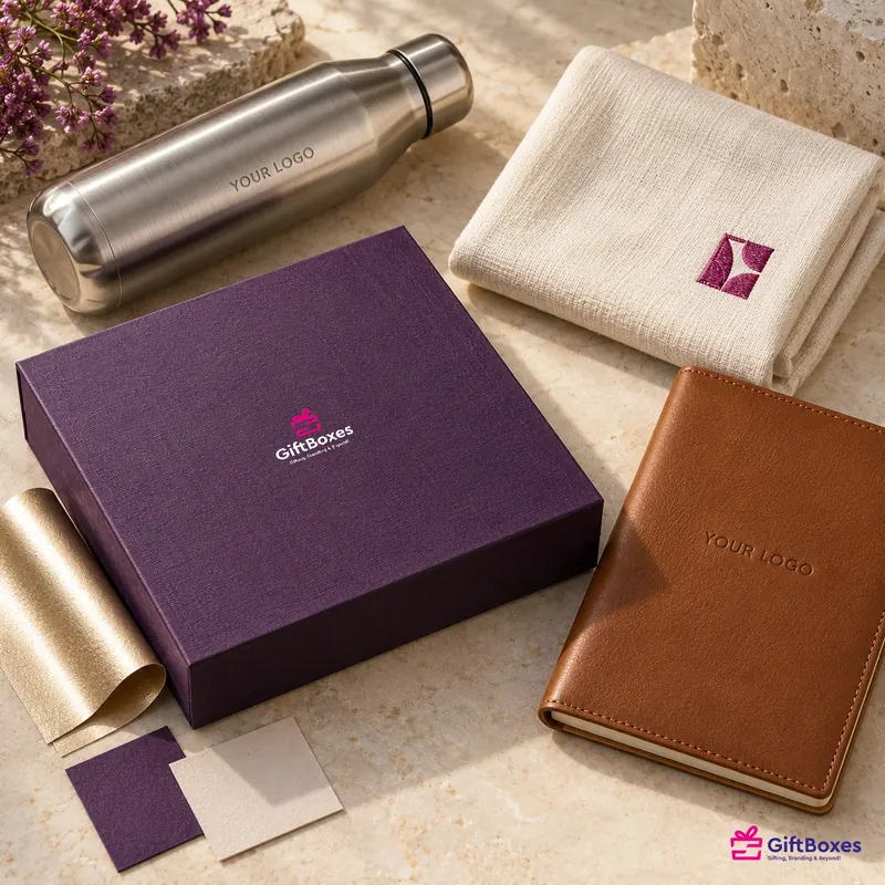 Engraved steel bottle, embroidered cotton cloth, debossed leather notebook and a purple box with gold foil and board swatches.