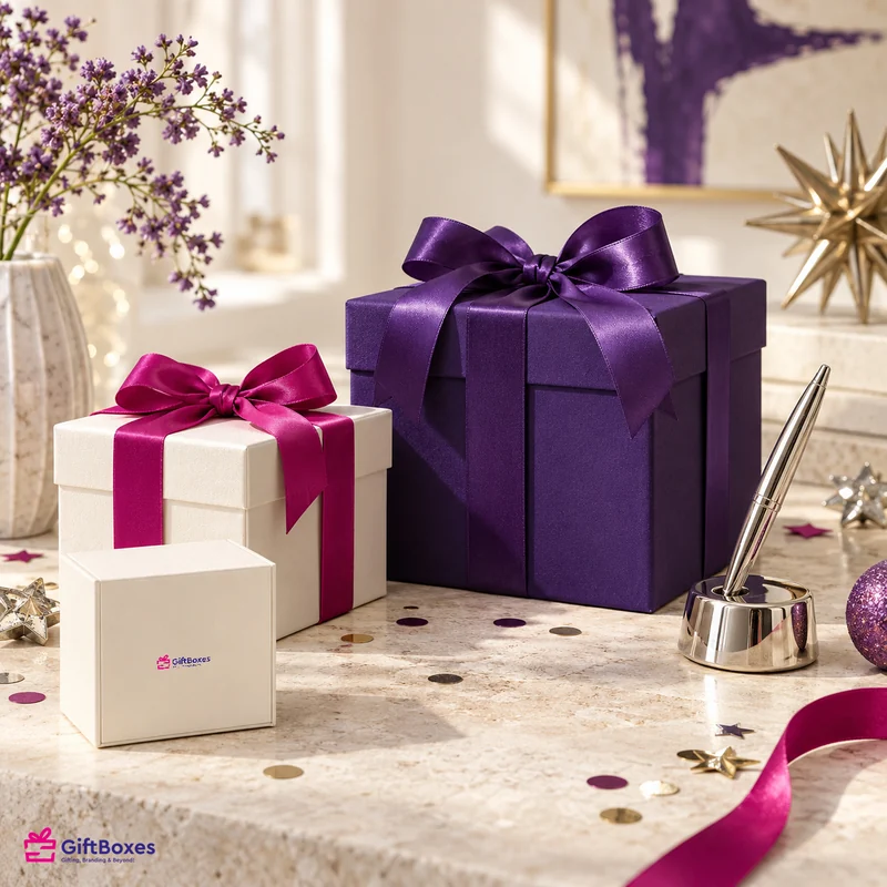 Purple and cream ribboned boxes with gold star confetti and a desk pen stand.