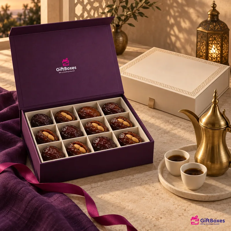 Aubergine twelve-cavity date box shown filled, beside a gold-bordered lid, a brass dallah and two cups of Arabic coffee.