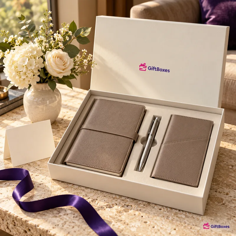A taupe leather journal, silver pen and leather card wallet seated in a cream presentation box beside a blank message card.
