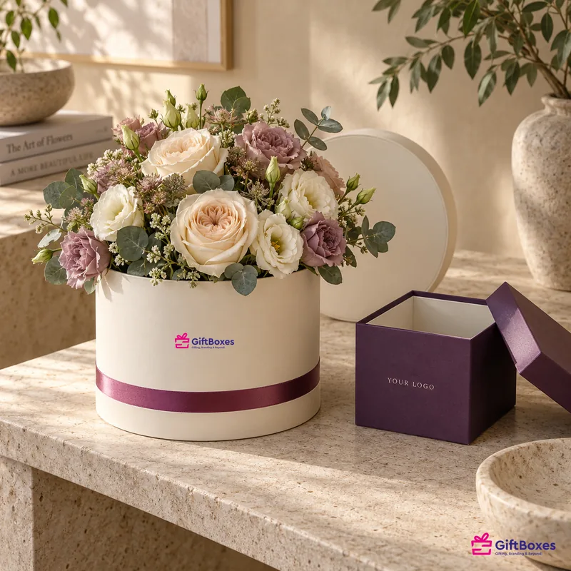 Round cream hat box of roses, lisianthus and eucalyptus with a mauve ribbon, beside a small purple square box.
