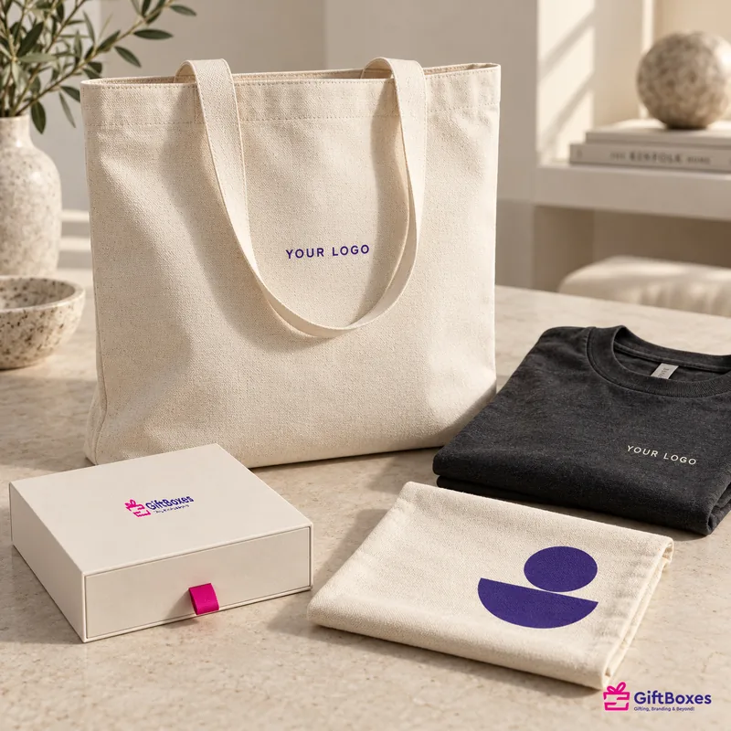 Canvas tote and folded cotton cloth carrying a flat two-colour print, with a dark t-shirt and a drawer box.