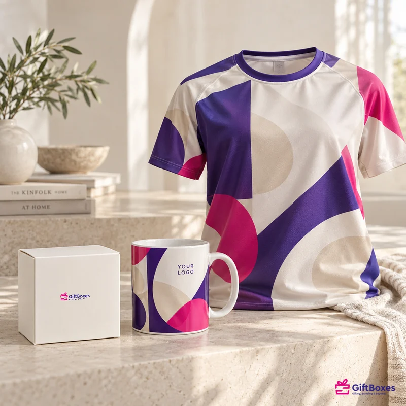 All-over geometric print running edge to edge on a t-shirt and wrapping a ceramic mug.