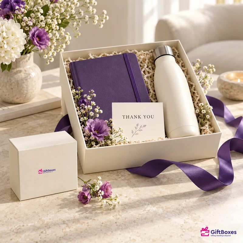 Open cream hamper box holding a purple notebook, a bottle and a printed thank-you card, among flowers.