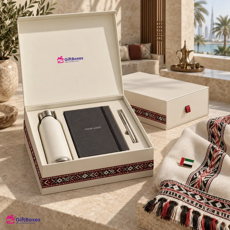 Cream gift box trimmed with red Sadu weave holding a bottle, notebook and pen, beside a Sadu throw and a UAE flag pin.