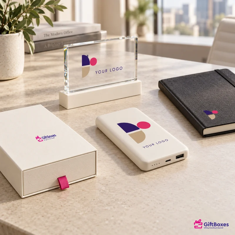 Full-colour logo printed on an acrylic block, a power bank and a notebook cover.
