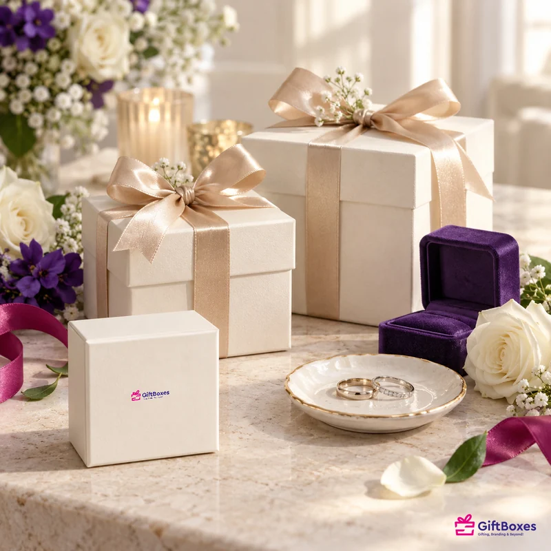 Cream rigid boxes tied with champagne ribbon beside a purple velvet ring box and two rings on a gilt-edged dish.