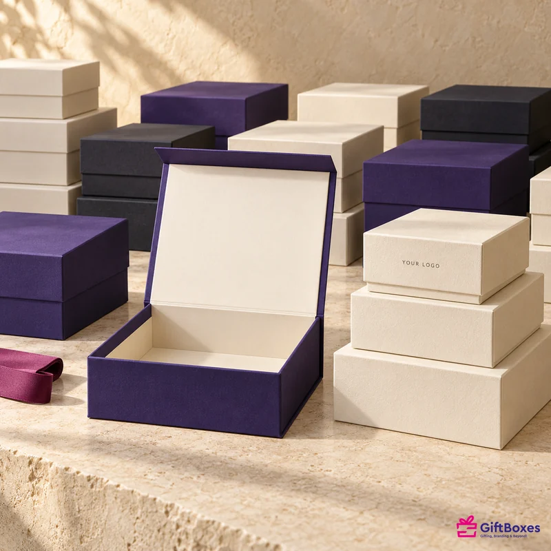 Stacks of plain rigid gift boxes in cream, purple, grey and black, with one open to show its lining.
