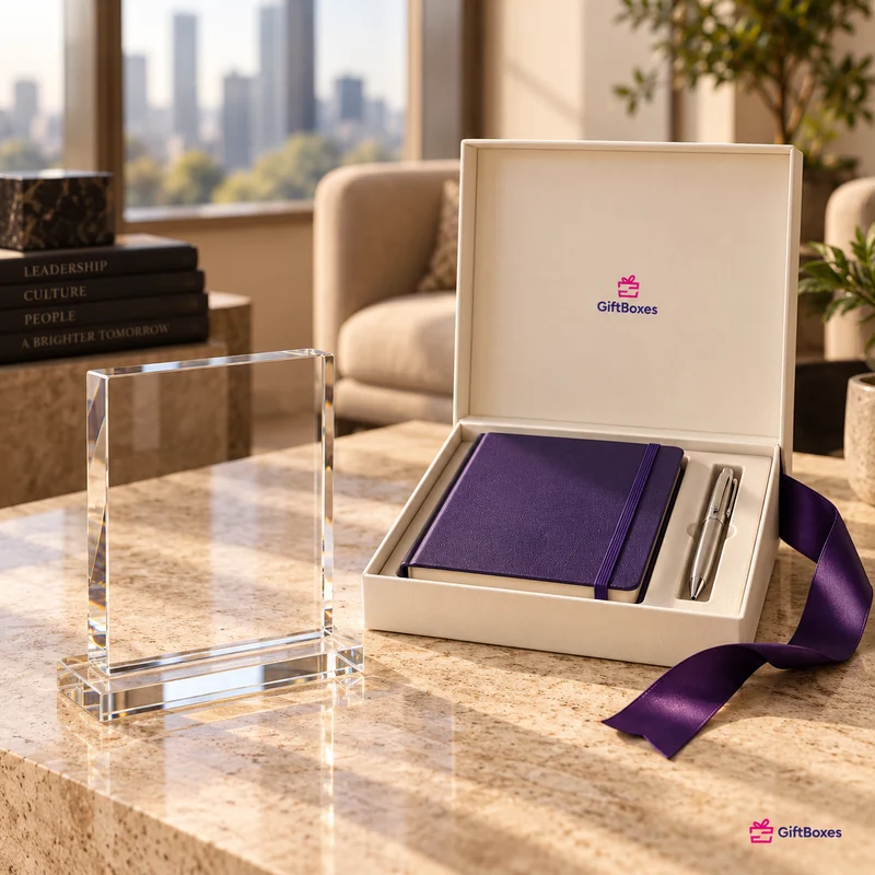 A blank crystal award beside an open cream presentation box holding a purple notebook and a silver pen.