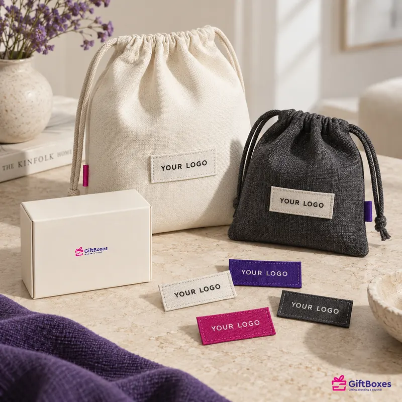 Cotton and charcoal drawstring pouches with sewn-on woven labels, and five loose labels in brand colours.