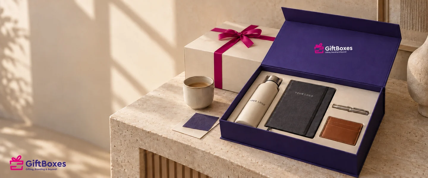 Open navy gift box holding a branded bottle, notebook, pen and card holder beside a ribboned box on a travertine ledge.