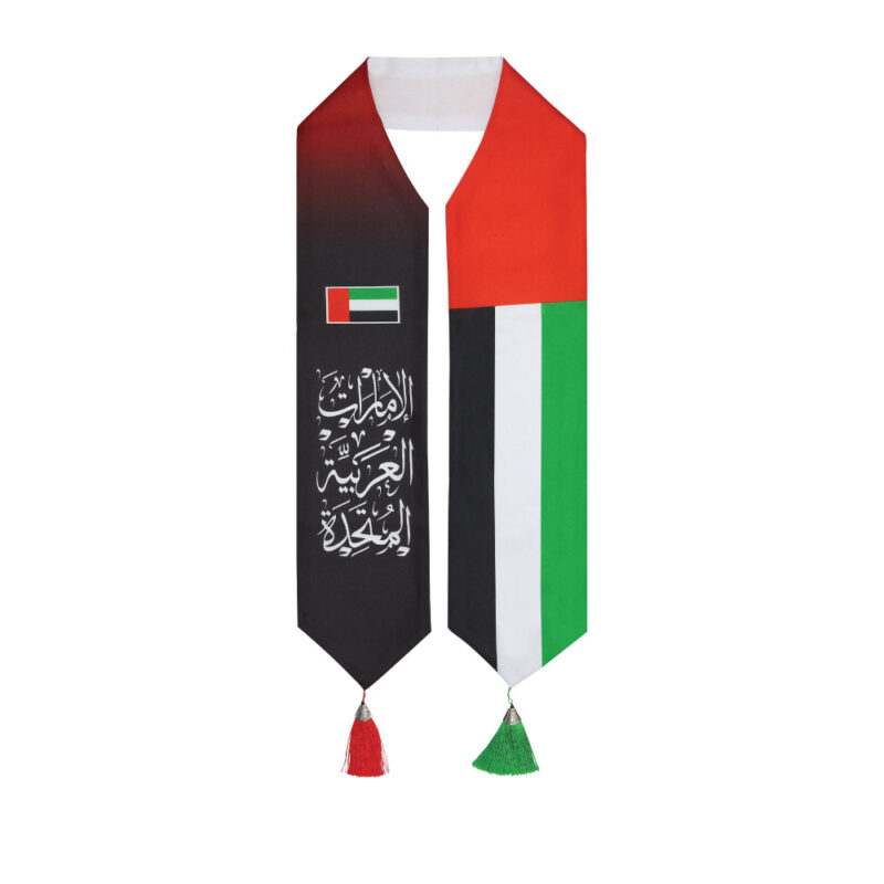 UAE Flag Scarf with Arabic Writing, Red & Green Tassel